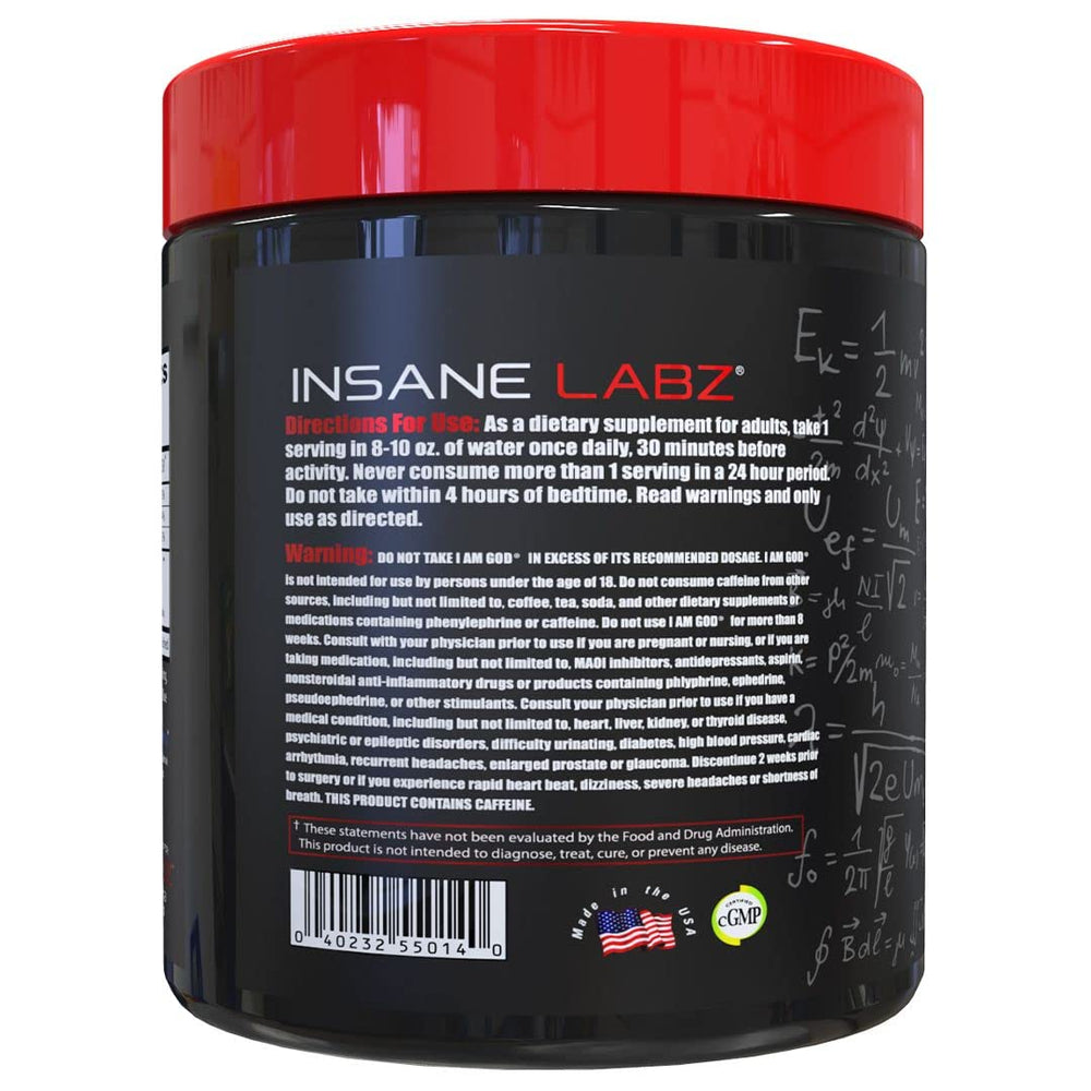 Insane Labz I Am God Orange flavor label communicates energized endurance for tough workouts.
