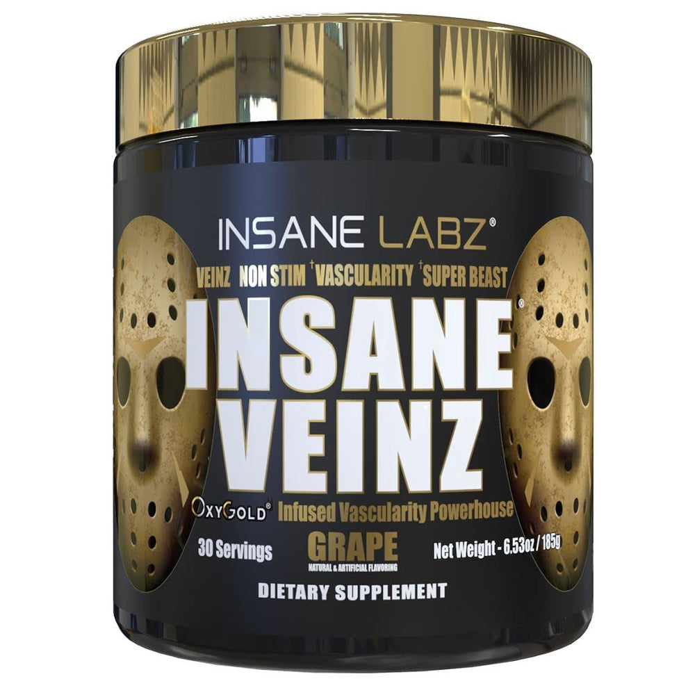 Insane Labz Veinz Gold bottle pour showing enhanced vascularity for workouts.