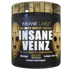 Insane Labz Veinz Gold bottle pour showing enhanced vascularity for workouts.