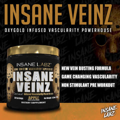 Insane Veinz Gold gym bottle on bench, non-stimulant pump aid.