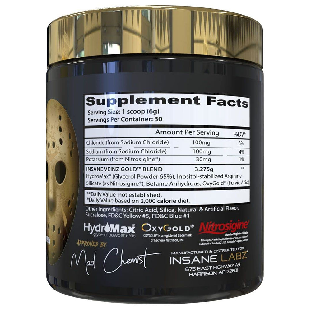 Insane Labz Veinz Gold powder in scoop highlights Hydromax and Nitrosigine.