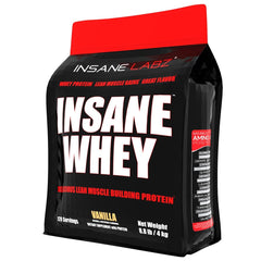 Insane Labz Insane Whey vanilla tub close-up highlighting muscle support after workouts