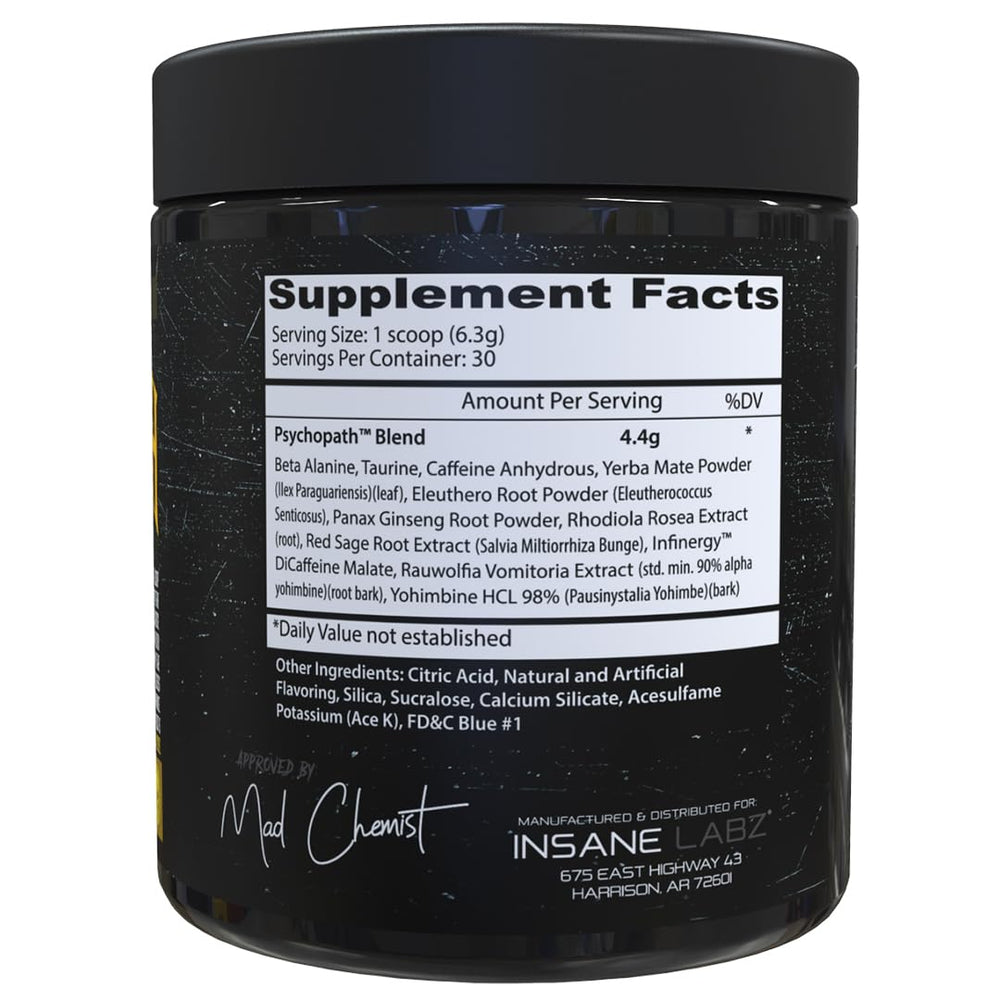 Insane Labz Psychopath bottle side label emphasizes key ingredients and stimulant blend.