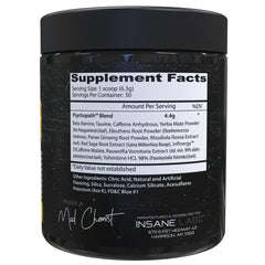 Insane Labz Psychopath bottle side label emphasizes key ingredients and stimulant blend.