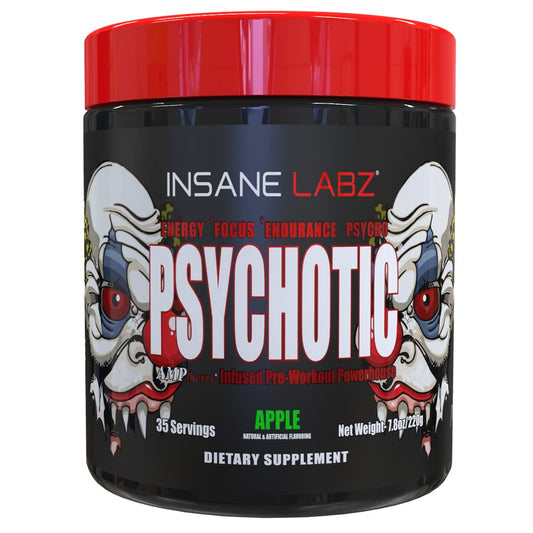 Insane Labz Psychotic apple bottle closeup highlighting energy formula