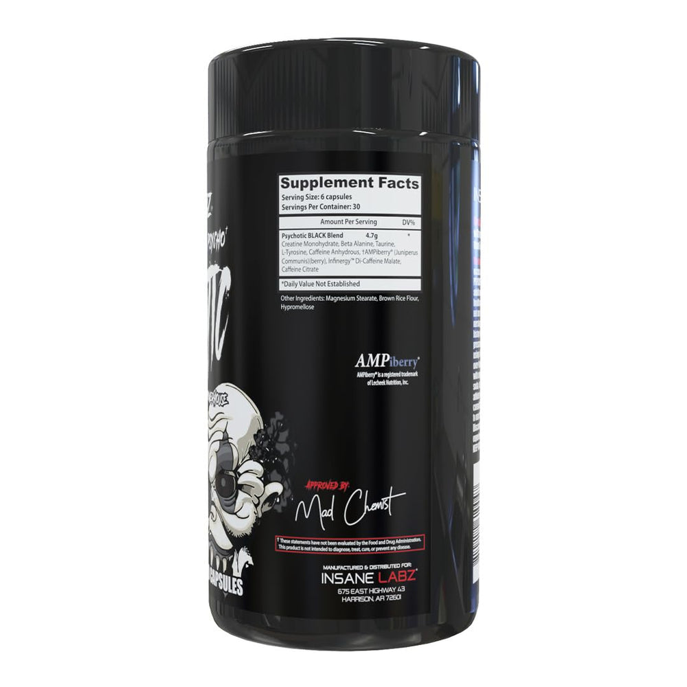 Insane Labz Psychotic Black Edition capsules close-up highlighting pre-workout energy