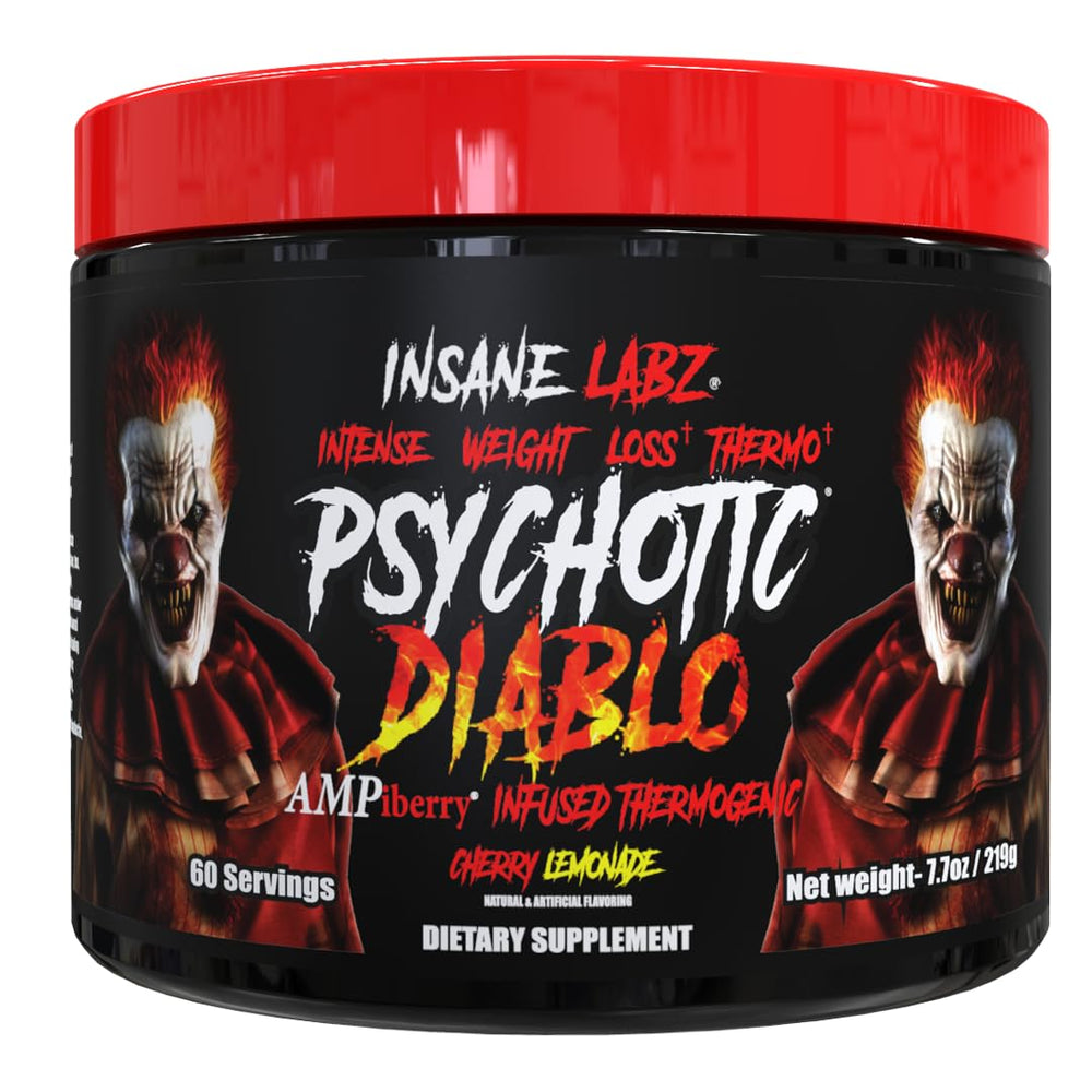 Insane Labz Psychotic Diablo bottle close-up highlighting potent thermogenic formula.