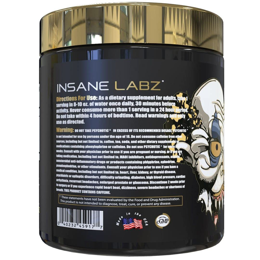 Scoop dispensing Psychotic Gold for precise pre-workout serving and pumps