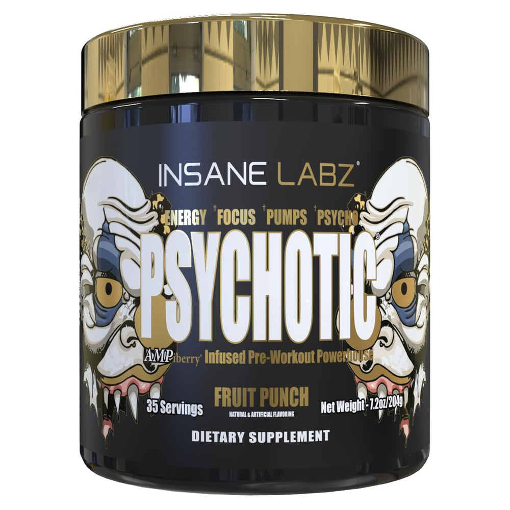 Insane Labz Psychotic Gold tub and spoon for a powerful pre-workout energy boost.