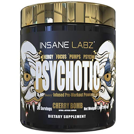 Insane Labz Psychotic Gold tub front view showcasing bold energy and focus cues