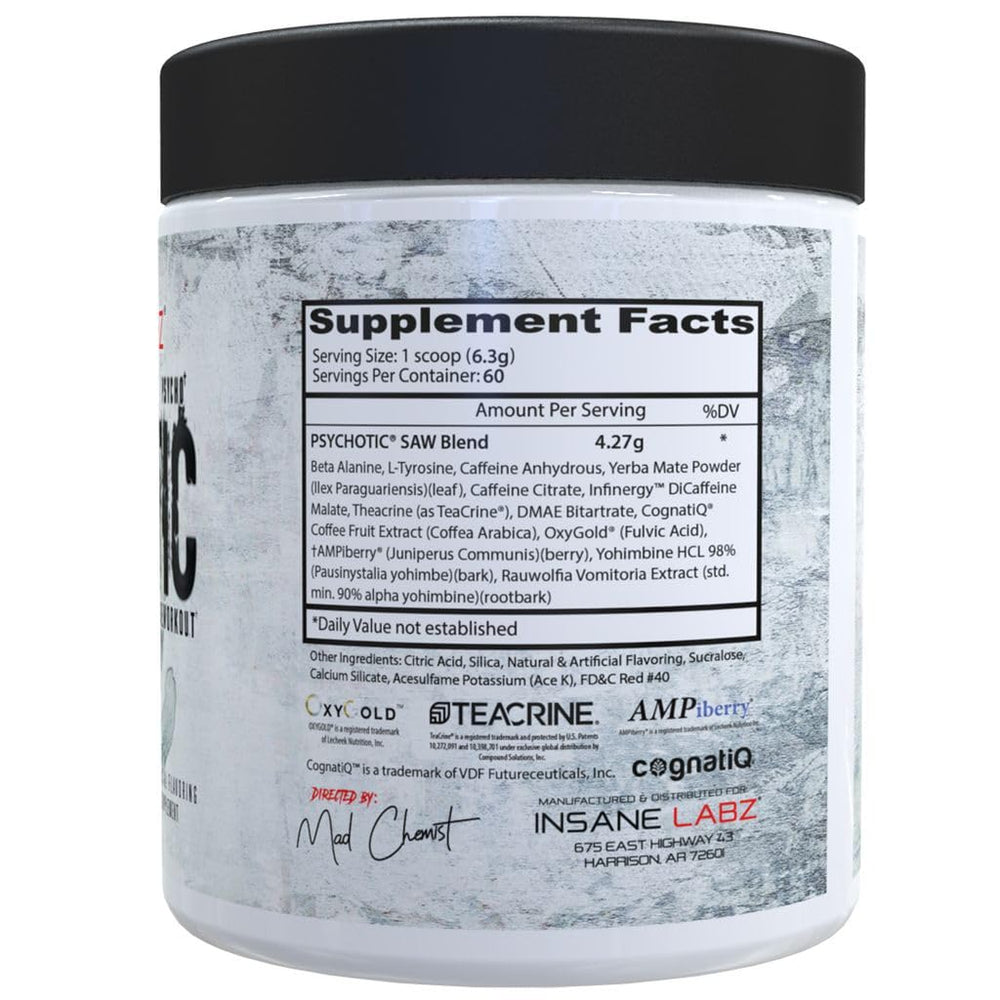 Insane Labz Psychotic SAW label ingredients showcases focus and energy formula.