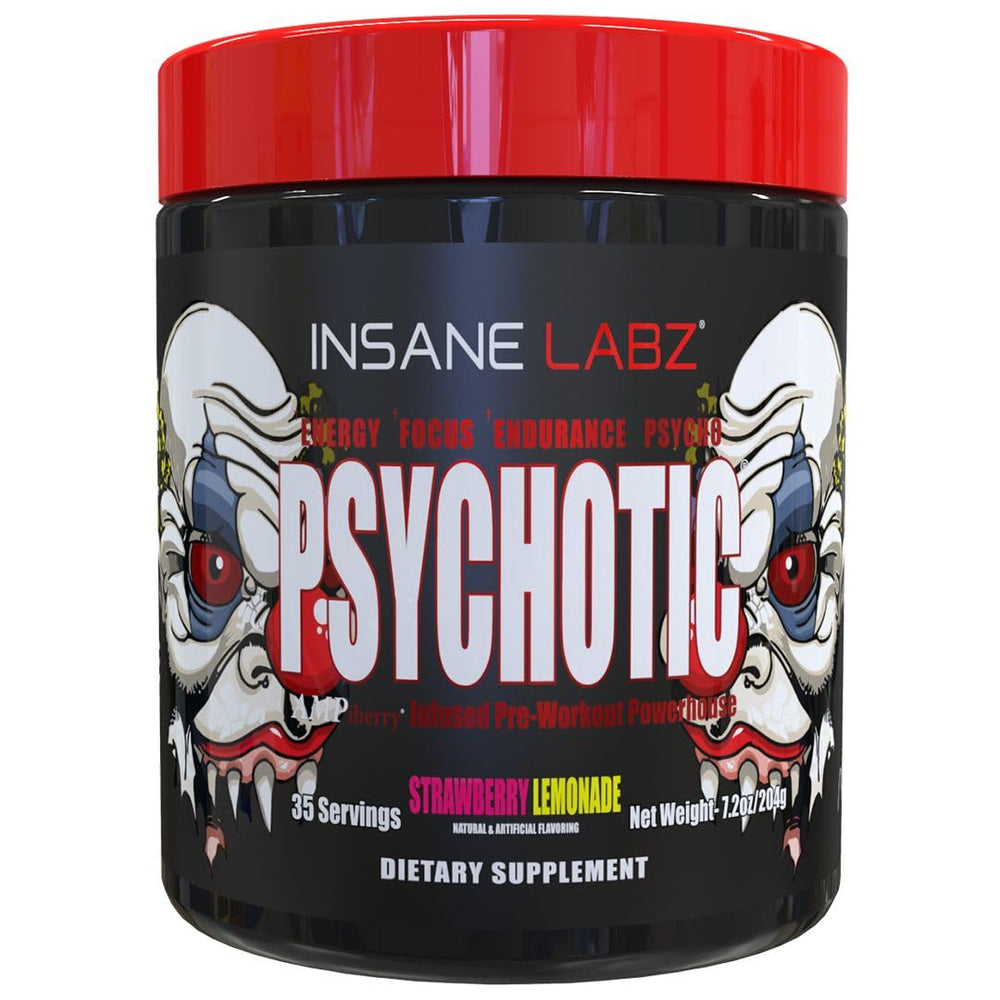 Insane Labz Psychotic strawberry lemonade tub highlighting bold flavor and energy for workouts.