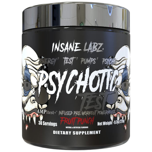 Insane Labz Psychotic Test front label shows high-stim energy for intense workouts.