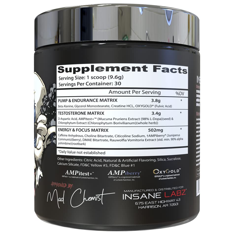 Insane Labz Psychotic Test label close-up showing energy-boosting ingredients.