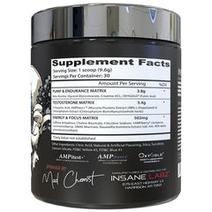 Insane Labz Psychotic Test label close-up showing energy-boosting ingredients.