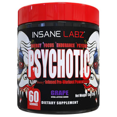 Insane Labz Psychotic tub showing high-stimulant pre-workout formula for intense workouts.