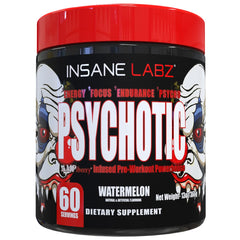 Insane Labz Psychotic tub with bold packaging indicating a high-energy pre-workout.
