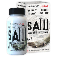 Insane Labz Saw bottle label close-up highlighting ingredients for sustained energy