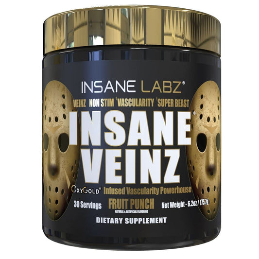 Insane Labz Veinz Gold bottle front view highlights non-stimulant nitric oxide support.