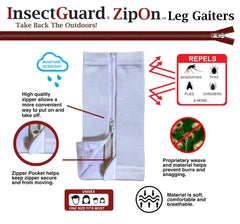 Close-up of permethrin-treated label on InsectGuard gaiters showing odorless protection.