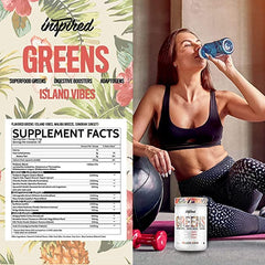 Inspired Nutraceuticals Greens blend highlighting probiotics and digestive enzymes for gut comfort