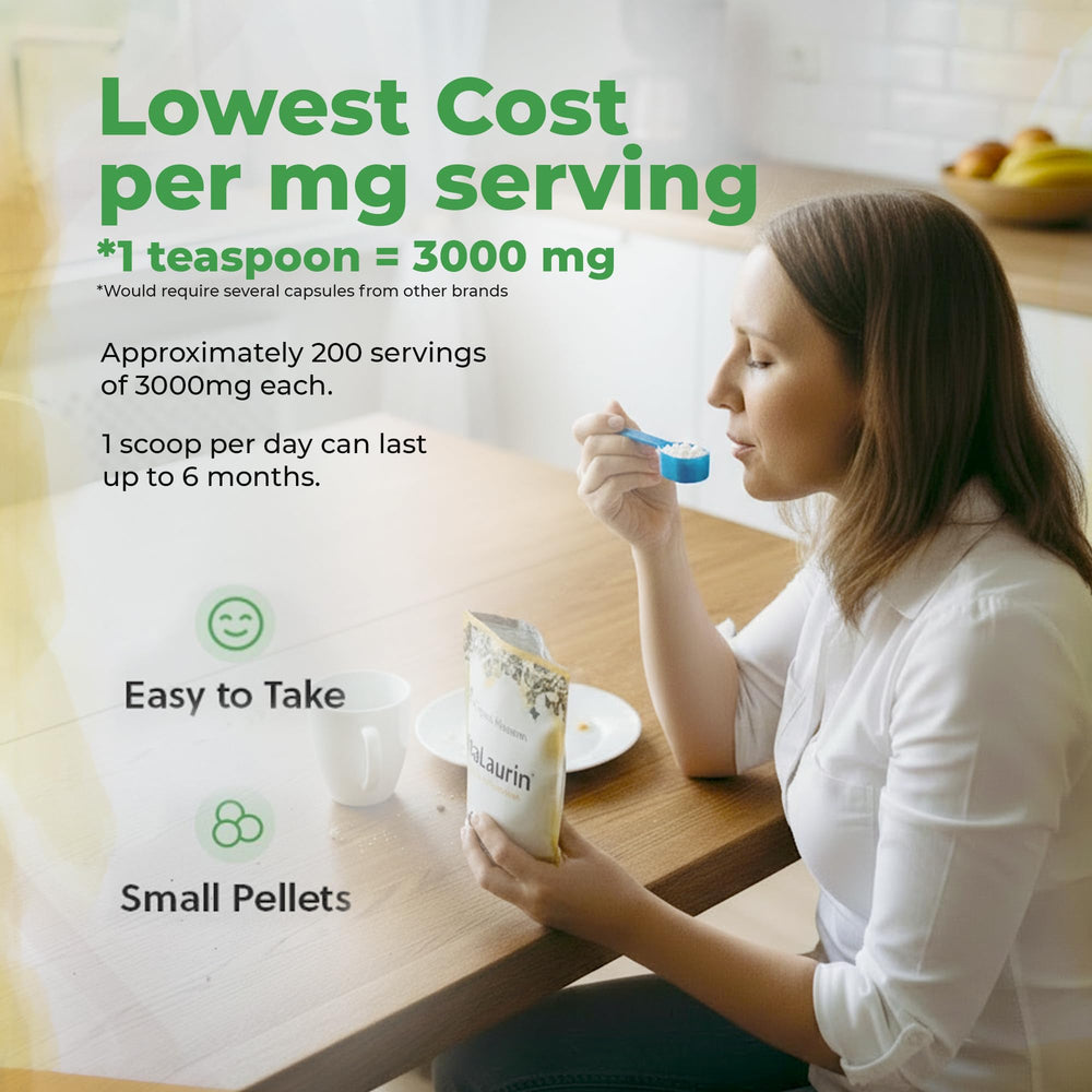 UltraLaurin bottle pour demonstrates easy dosing for daily wellness.