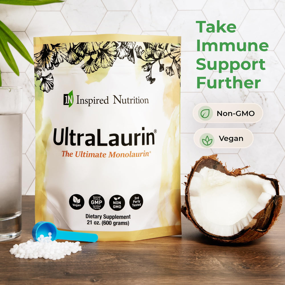 Daily-use bottle of UltraLaurin on kitchen counter for adult wellness.