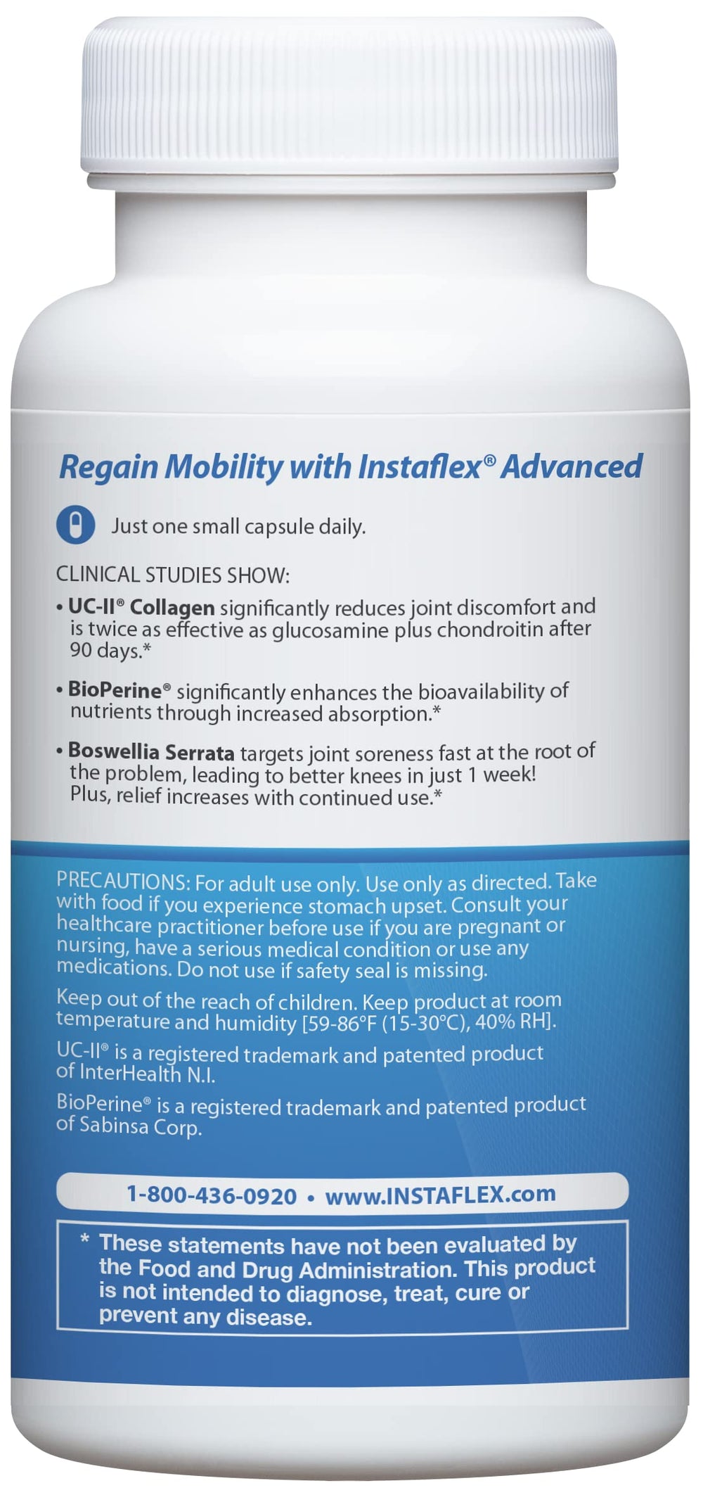 Instaflex Advanced label close-up highlights collagen and ApresFlex for mobility