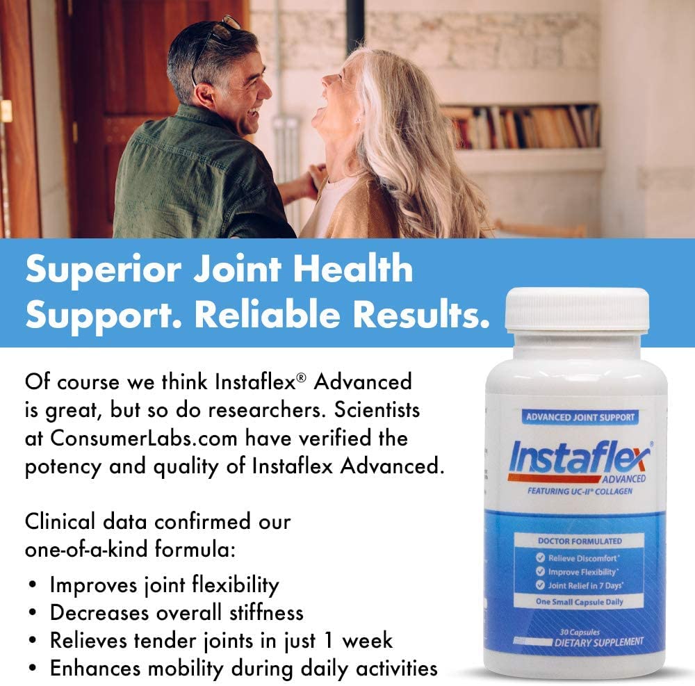 Instaflex Advanced with workout gear nearby suggests ongoing joint comfort during exercise.
