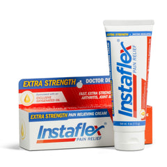 Instaflex Extra Strength Pain Relief Cream bottle pour suggests quick relief potential.