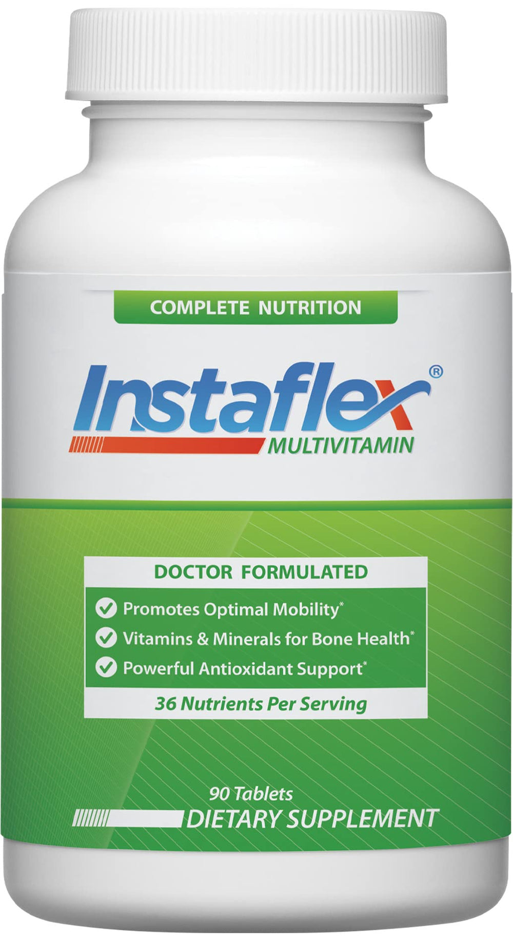 Instaflex Multivitamin bottle front showing 90 tablets for daily joint support.