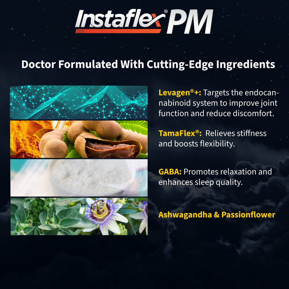 Instaflex PM on a bedside nightstand during nighttime routine promotes relaxation and mobility
