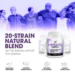 Immunity Complete scoop image highlighting a 20-in-1 blend for comprehensive wellness