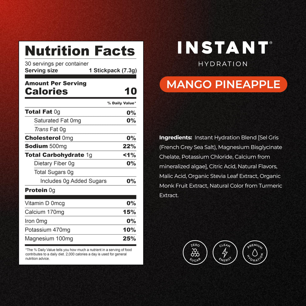 Instant Hydration electrolytes mango pineapple packets close-up highlighting 1445mg electrolytes