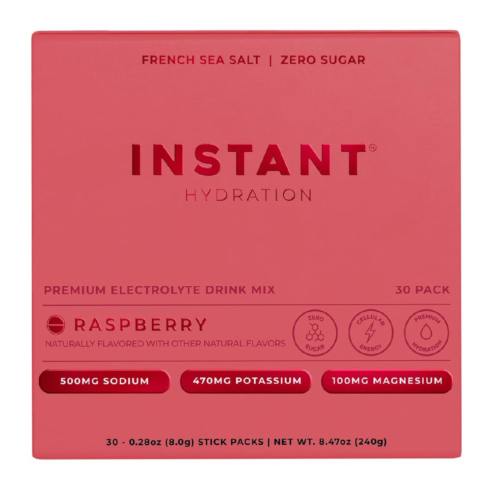 Instant Hydration Raspberry flavor packet close-up showing powder texture for hydration