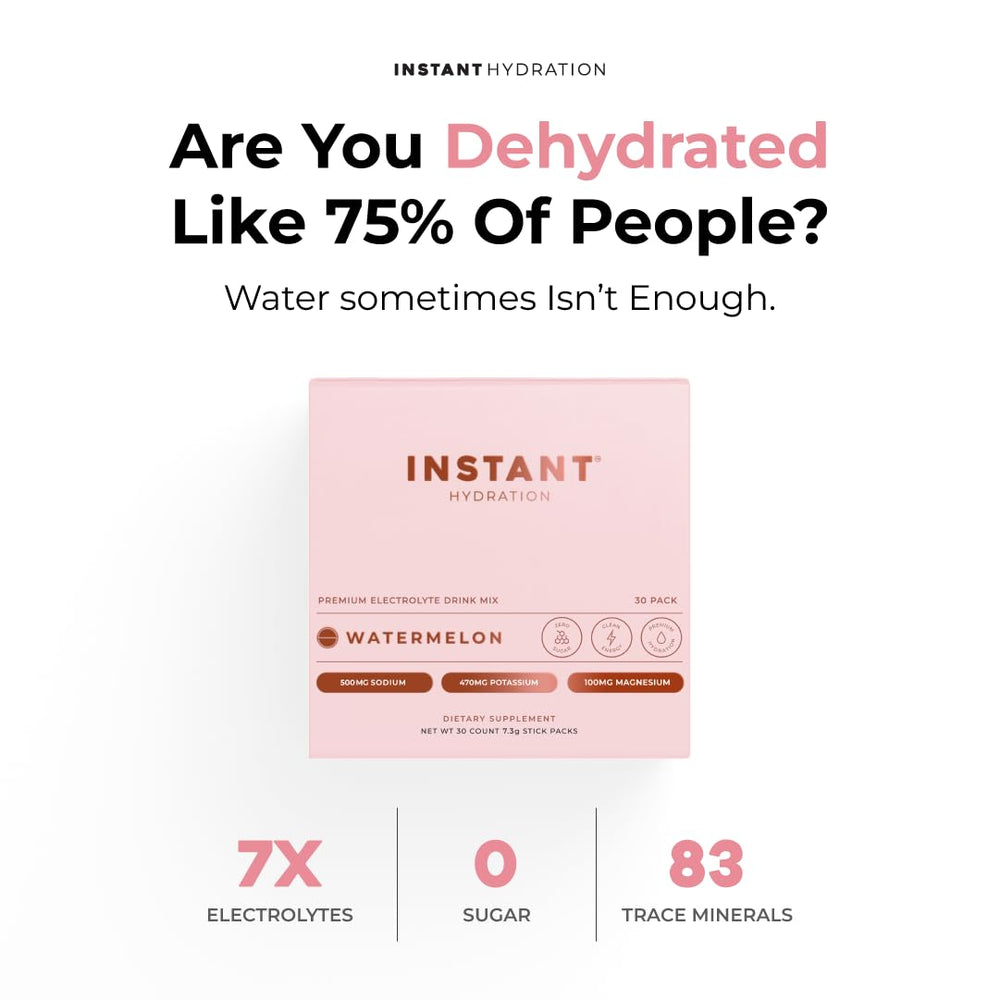 Instant Hydration watermelon electrolytes packets close-up label highlighting high electrolyte content.
