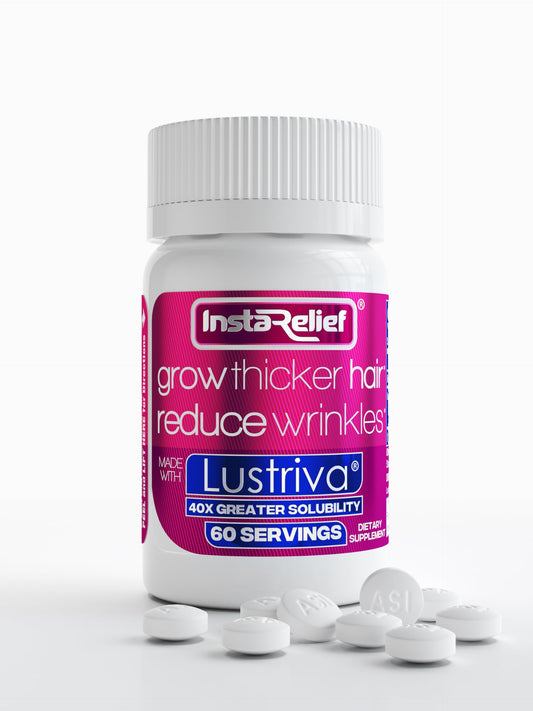 InstaRelief hair growth bottle showing thicker hair potential