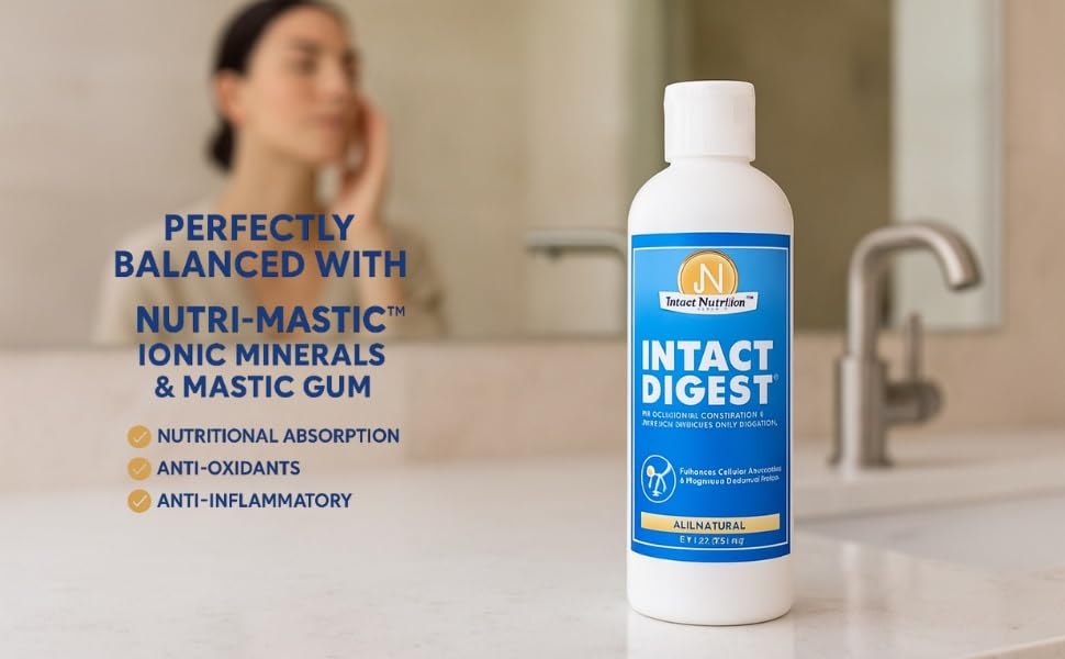 Intact Digest glass with drops illustrating hydration and mineral delivery