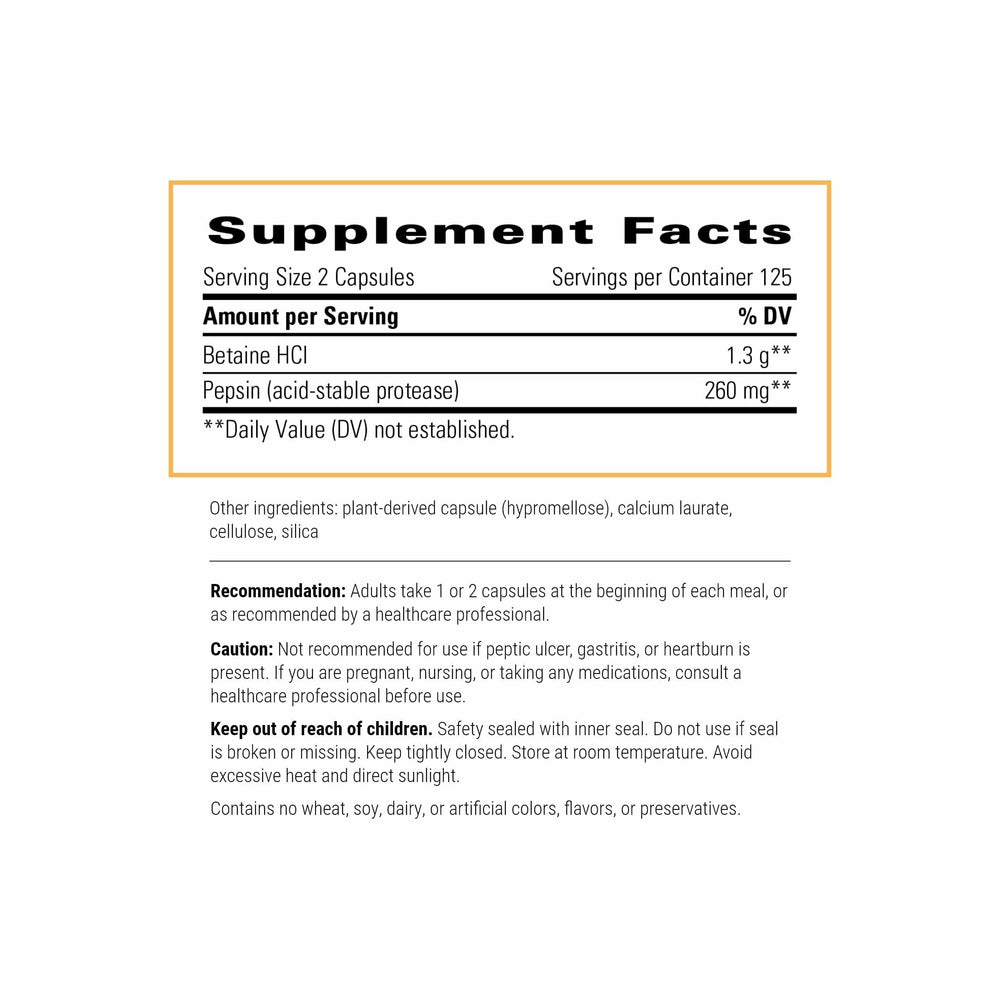 Close-up of the Betaine HCl label emphasizing product quality and transparency