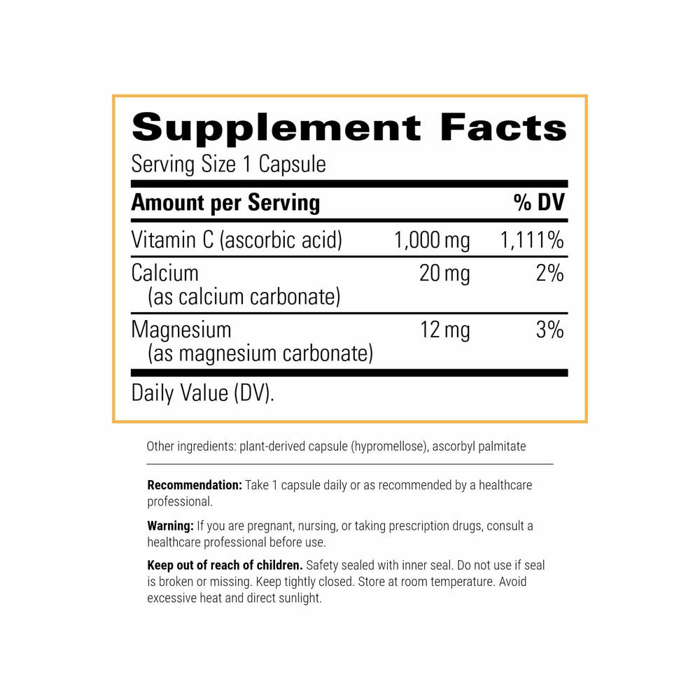 Close-up of Integrative Therapeutics Vitamin C capsules highlighting 1,000 mg dose