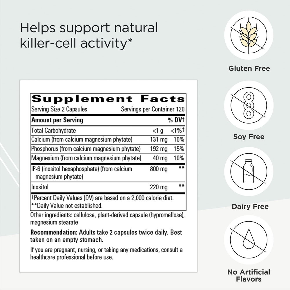 Close-up of Cellular Forte capsules highlighting IP-6 and inositol for immune health.