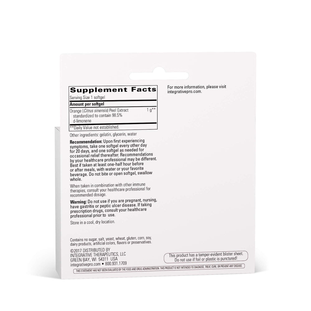 Integrative Therapeutics D-Limonene label close-up shows gluten-free and dairy-free formula.