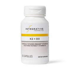 Integrative Therapeutics K2+D3 bottle label close-up highlighting bone and heart support