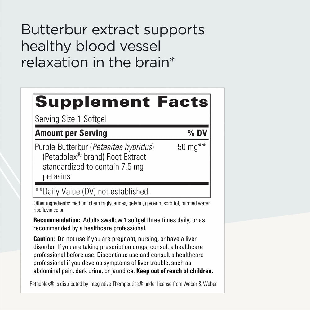 Close-up of Petadolex label showing gluten-free and dairy-free attributes for sensitive diets