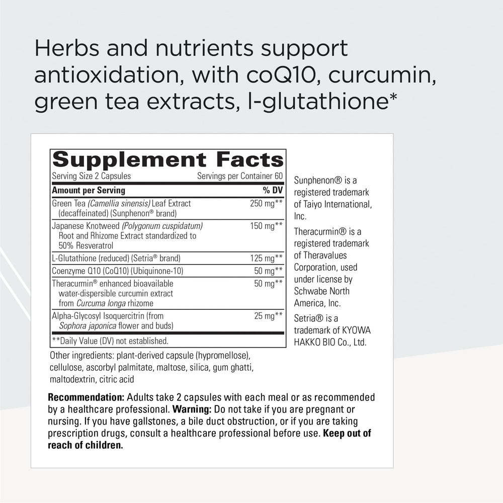 Capsules close-up showing ProThrivers blend with CoQ10 and curcumin for antioxidant support.