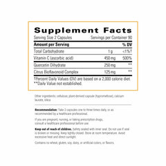 Integrative Therapeutics Vitamin C with Quercetin label close-up highlights vegan and allergen-free features.