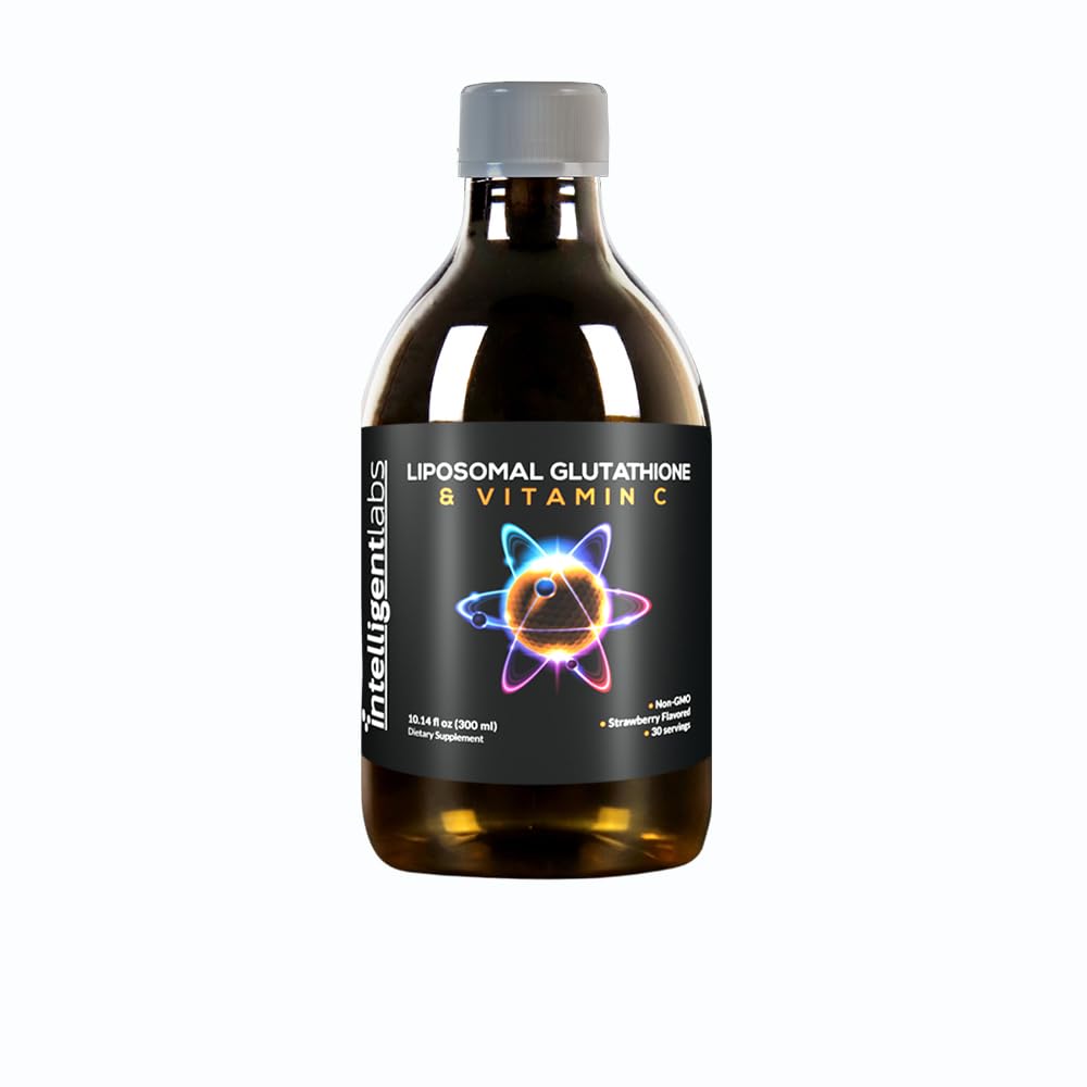 Intelligent Labs Liposomal Glutathione + Vitamin C bottle front shows dosage options for daily support.