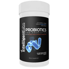 Intelligent Labs probiotic bottle front shows 60-day supply for daily gut support