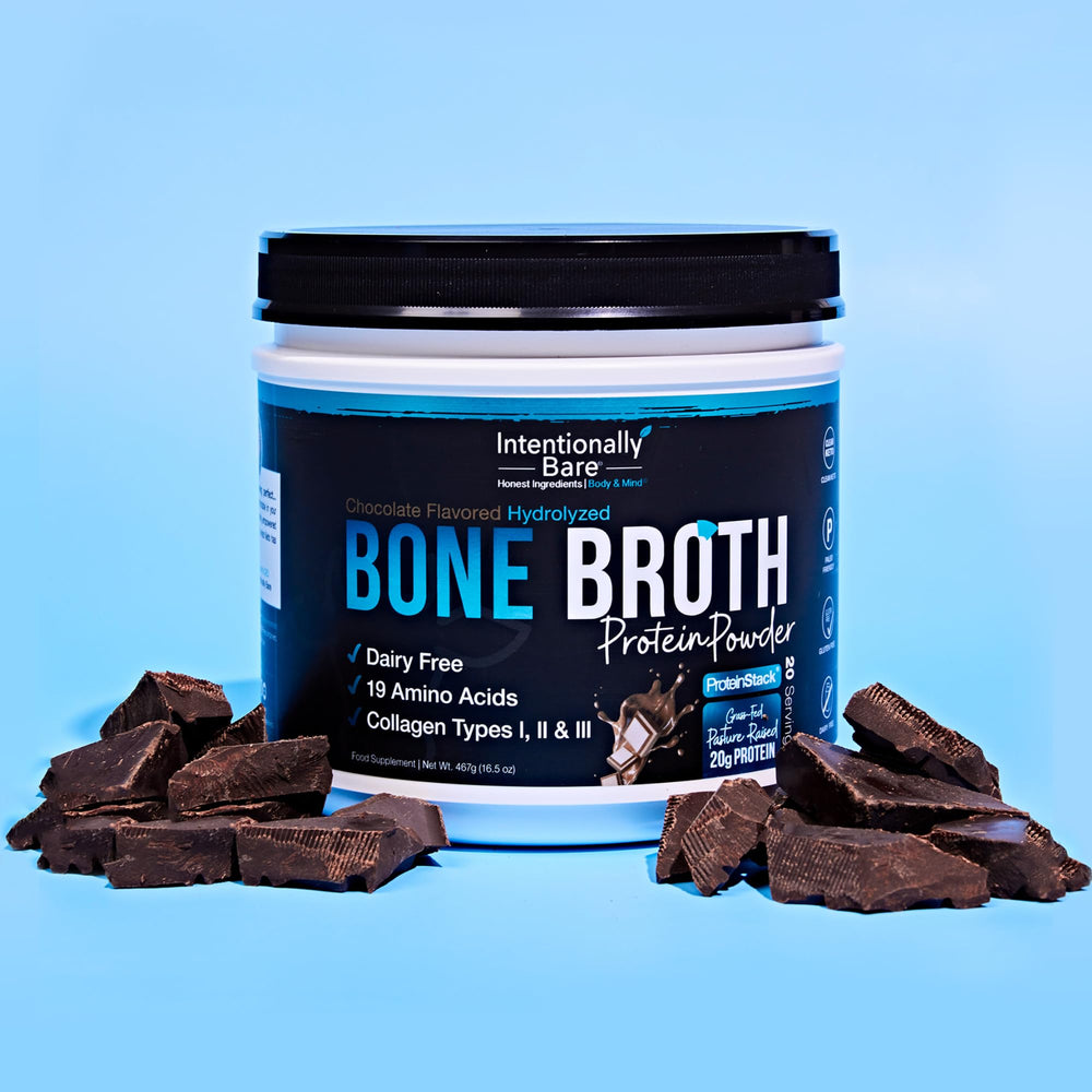 Intentionally Bare bone broth protein powder chocolate in a mug with hot drink