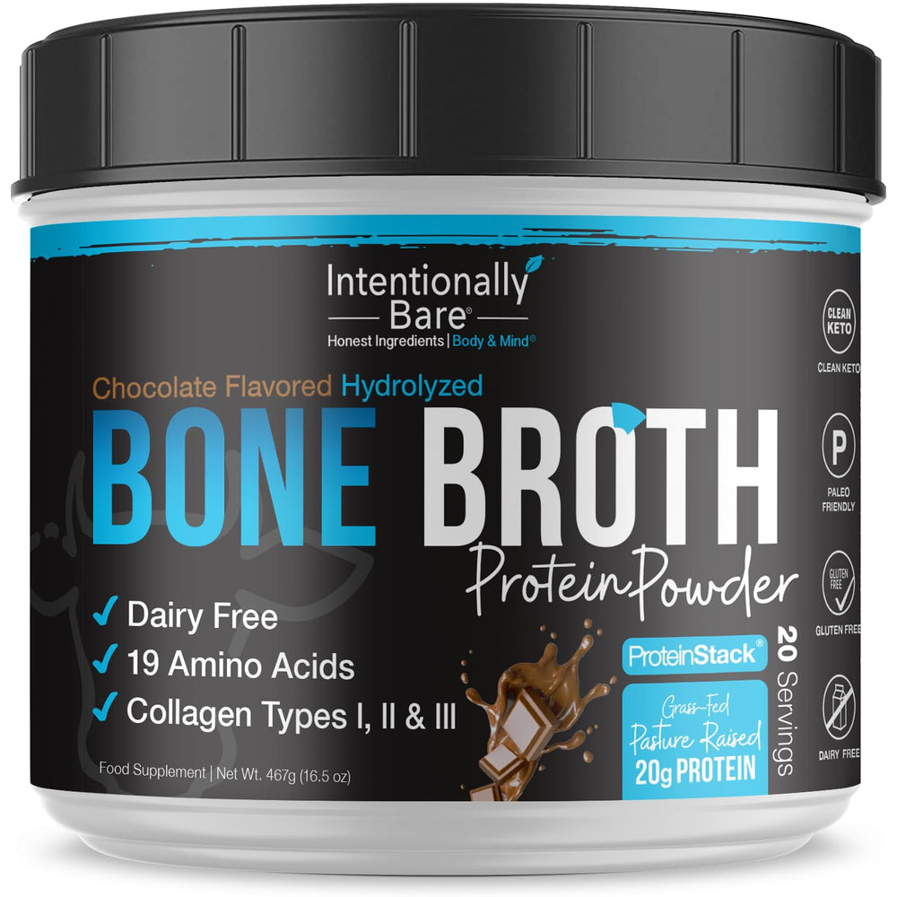 Intentionally Bare bone broth protein powder chocolate in a jar for a protein boost